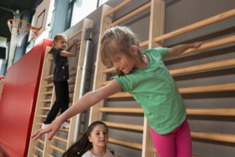 Børn leger i gymnastikribber. 